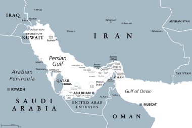 Basra Körfezi bölgesi, gri politik harita. Ayrıca Batı Asya 'da, İran ile Arap Yarımadası arasında yer alan ve doğuda Hürmüz Boğazı ile Umman Körfezi' ne bağlı bir Akdeniz olan Arap Körfezi..