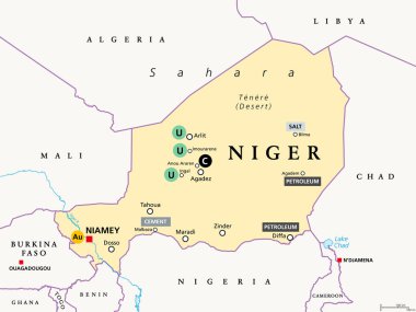 Nijer, petrol ve madencilik endüstrisi. Batı Afrika ülkesi ve dünya üretiminin% 5 'i ile en büyük dördüncü uranyum üreticisi. Nijer ayrıca altın (Au), kömür (C), çimento, petrol, tuz vb..