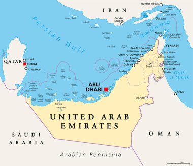 Birleşik Arap Emirlikleri, BAE, politik harita. Ortadoğu 'da Umman ve Suudi Arabistan arasındaki Arap Yarımadası' nda bulunan Emirlikler, Basra Körfezi 'ndeki deniz sınırlarını Katar ve İran ile paylaşıyor..