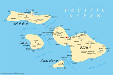 Maui Eyaleti Hawaii 'de, politik harita, Wailuku' nun koltuğu. Maui, Lanai, Molokai, Kahoolawe ve Molokini adalarından oluşmaktadır. Molokai 'nin kuzey kıyısındaki Kalawao County ile..