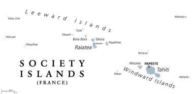 Toplum Adaları, gri politik harita. Fransız Polinezyası 'ndaki volkanik adalar grubu. Güney Pasifik Okyanusu 'nda Fransa' nın denizaşırı kolektifliği. Archipelago, Leeward ve Windward Adalarına bölündü.