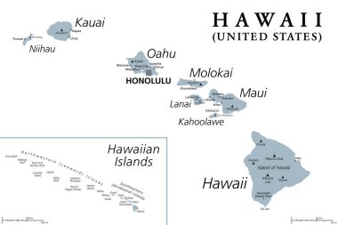 Hawaii Adaları, gri politik harita. Hawaii adasından Kure adasına kadar uzanan Kuzey Pasifik Okyanusu 'ndaki 8 büyük volkanik adanın takımadaları, çeşitli adalar ve sayısız küçük adacıklar..