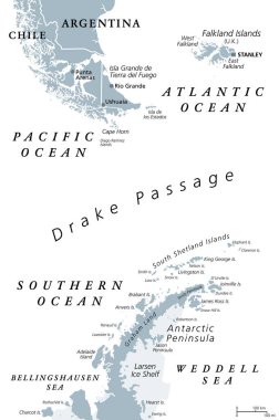 Drake Geçidi, Mar de Hoces, ya da Hoces Denizi, gri politik harita. Horn Burnu ve Antarktika Yarımadası arasındaki su kütlesi Güney Atlantik 'i Güney Pasifik' e bağlıyor ve Güney Okyanusu 'na uzanıyor..