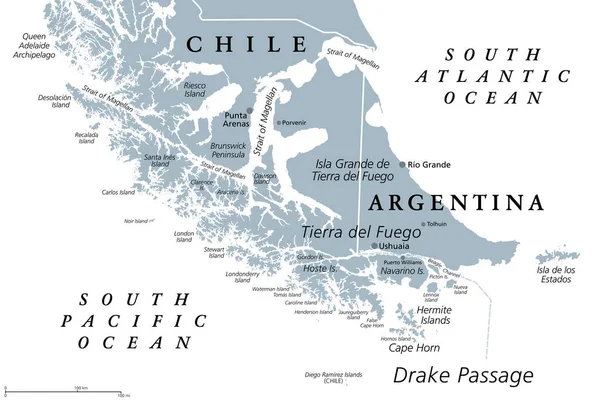 Tierra Del Fuego Gray Political Map Archipelago Southernmost Tip South — Stock Vector