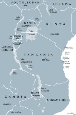 Afrika Büyük Göller Bölgesi, gri politik harita. Afrika 'nın büyük yarık gölleri ve başkentleri ve sınırları olan ırmak ülkeleri. Victoria Gölü, Tanganyika Gölü, Malavi Gölü ve daha küçük göller..