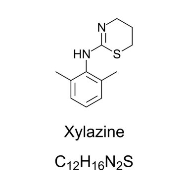 Xylazine, kimyasal formül ve yapı. Sakinleştirici, anestezi, kas gevşemesi ve hayvanlarda analjezi için kullanılır. ABD 'de yaygın olarak kullanılan reçetesiz uyuşturucu, sokak adı Tranq..