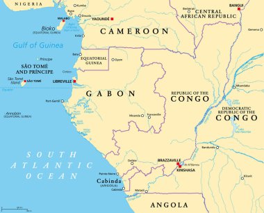 Orta Afrika 'nın bir kısmı, Afrika kıtasının bir alt bölgesi, politik harita, başkentleri, sınırları ve en büyük şehirleri var. Gabon, Kongo Cumhuriyeti, Sao Tome ve Principe, ve Ekvator Ginesi.