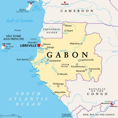 Gabon, politik harita. Gabon Cumhuriyeti, Orta Afrika 'nın Atlantik kıyısında başkenti Libreville olan bir ülke. Ekvator Ginesi, Kamerun, Kongo Cumhuriyeti ve Gine Körfezi ile sınırlandırılmıştır..