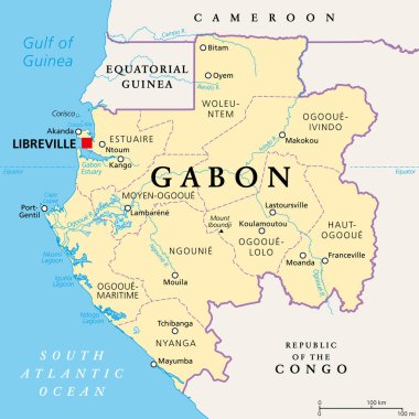 Gabon, politik harita. Gabon Cumhuriyeti, taşralı. Atlantik kıyısında başkenti Libreville olan Orta Afrika ülkesi. Ekvator Ginesi, Kamerun, Kongo Cumhuriyeti ve Gine Körfezi ile sınırlandırılmıştır..