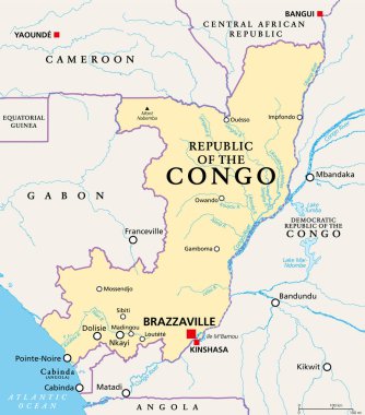 Kongo Cumhuriyeti, politik harita. Kongo, Brezilya 'nın başkenti Kongo Nehri' nin batısında, Orta Afrika 'nın batı kıyısında yer alan bir ülkedir. Vektör.