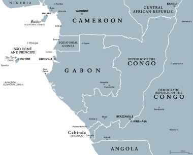 Orta Afrika 'nın bir kısmı, Afrika kıtasının alt kısmı, gri politik harita, başkentler, sınırlar ve büyük şehirler. Gabon, Kongo Cumhuriyeti, Sao Tome ve Principe, ve Ekvator Ginesi.