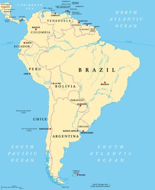 South America, political map with borders, capitals and the largest rivers. A continent, bordered by the Pacific and the Atlantic Ocean, by North America and the Caribbean Sea. Illustration. Vector. clipart