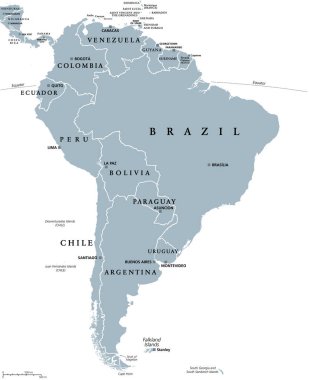 Güney Amerika, uluslararası sınırları ve başkentleri olan gri politik harita. Pasifik ve Atlantik Okyanusu, Kuzey Amerika ve Karayip Denizi ile çevrili bir kıta. İzole bir illüstrasyon. Vektör.