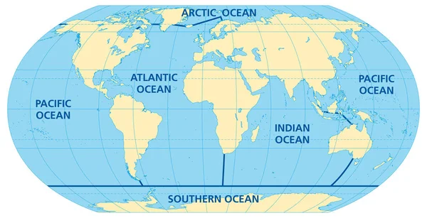 5つの海洋の世界地図 およそ境界線を持つ海洋部門のモデル 太平洋 大西洋 インド 南極海 世界の海の地図 塩水の遺体 — ストックベクタ