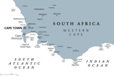 Ümit Burnu, Güney Afrika bölgesi, gri politik harita. Cape Town ve Cape Peninsula 'dan, Güney Atlantik kıyısındaki kayalık bir burundan, Afrika kıtasının güney ucundaki Cape Agulhas' a kadar..