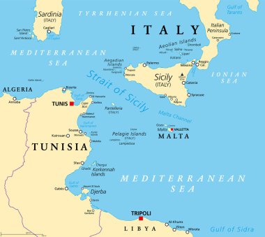 Sicilya Boğazı, politik harita. Sicilya Kanalı olarak da bilinir. Akdeniz 'de Tunus ile Sicilya arasında bulunan bir boğazda. Pantelleria, Aegadian ve Pelagie Adaları ile.