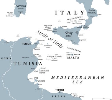 Sicilya Boğazı, gri politik harita. Sicilya Kanalı olarak da bilinir. Akdeniz 'de Tunus ve Sicilya arasında yer alan bir boğazda. Pantelleria, Aegadian ve Pelagie Adaları ile.