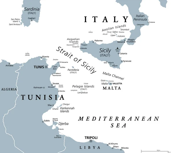 Sicilya Boğazı Gri Politik Harita Sicilya Kanalı Olarak Bilinir Akdeniz — Stok Vektör