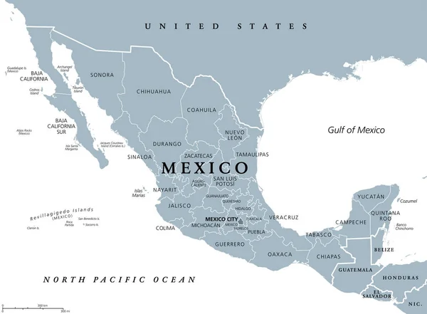 メキシコの州 灰色の政治地図 アメリカ合衆国 北アメリカ南部の国 連邦共和国は 自治体と首都メキシコシティで構成されています — ストックベクタ