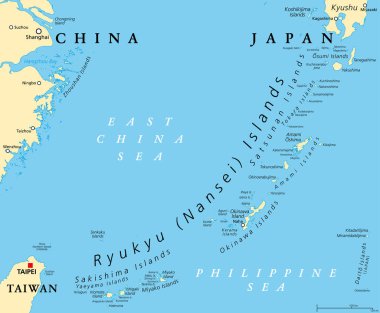 Ryukyu Adaları, Nansei Adaları olarak da bilinir, politik harita. Ryukyu Yayı, Japonya 'nın Kyushu kentinden Tayvan' ın doğusundaki Yonaguni Adası 'nın batısına kadar uzanan çoğunlukla volkanik bir ada zinciri..