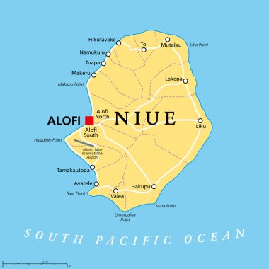 Niue, politik harita. Kendi kendini yöneten ada devleti, Güney Pasifik Okyanusu 'nda, Polinezya' nın bir parçası, başkent Alofi ile. Ada 14 belediye ve seçim bölgesine bölünmüştür..