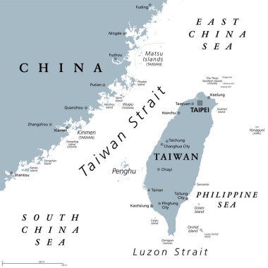 Taiwan Strait, gray political map. Important waterway and disputed international waters, separating the island of Taiwan and continental Asia, which connects the East China Sea and South China Sea. clipart