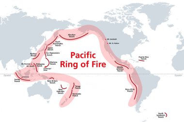 Pasifik Ateş Çemberi, okyanus siperli dünya haritası. Ateş Çemberi ya da Circum-Pacific Kuşağı. Pasifik Okyanusu 'nun kenarındaki bölgede birçok volkanik patlama ve deprem meydana gelir..