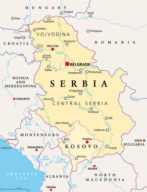 Sırbistan ve Kosova, Güneydoğu Avrupa 'da denize kıyısı olmayan ülkeler, siyasi harita. Sırbistan Cumhuriyeti, başkenti Belgrad ve Kosova Cumhuriyeti, başkent Priştine ile kısmen tanınmış bir ülke.