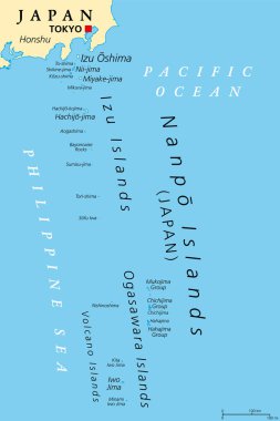 Nanpo Adaları, Japonya 'nın ada grupları, politik haritalar. Filipin Denizi 'nin doğusunda, Japon takımadalarının güneyinde, Izu, Ogasawara ve Volkan Adalarından oluşan volkanik adalar..