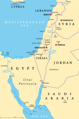 İsrail ve Sina Yarımadası, politik harita. Güney Levant, İsrail, Filistin, Ürdün, Lübnan, Güney Suriye ve Sina Yarımadası 'nı kapsayan kurak bir coğrafi ve tarihi bölgedir..