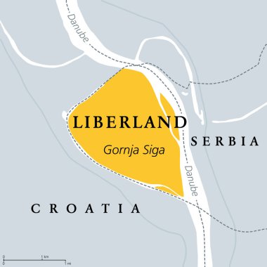 Özgür Özgürlük Cumhuriyeti, gri politik harita. Güneydoğu Avrupa 'da, Gornja Siga' nın Hırvatistan ile Sırbistan arasında Tuna 'nın batı kıyısındaki ıssız ve tartışmalı topraklar olduğunu iddia eden tanınmamış bir mikronizasyon.