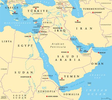 Orta Doğu, başkentleri ve uluslararası sınırları olan politik haritalar. Arap Yarımadası, Levant, Türkiye, Mısır, İran ve Irak 'ı kapsayan jeopolitik bölge. Eskiden Yakın Doğu denirdi..