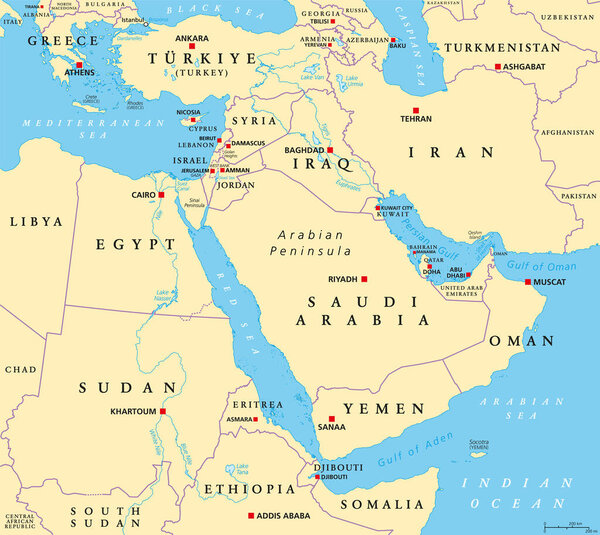 The Middle East, political map with capitals and international borders. Geopolitical region encompassing the Arabian Peninsula, the Levant, Turkey, Egypt, Iran and Iraq. Formerly called Near East.