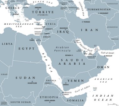 Orta Doğu, başkentleri ve uluslararası sınırları olan gri politik harita. Arap Yarımadası, Levant, Türkiye, Mısır, İran ve Irak 'ı kapsayan jeopolitik bölge. Ayrıca Yakın Doğu olarak da bilinir..