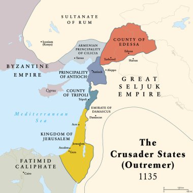 Crusader devletleri, Outremer haritası 1135 civarında. Birinci Haçlı Seferi 'nden sonra, Levant' taki dört Latin Katolik diyarı. Kudüs Krallığı, Edessa, Trablus ve Antakya Prensliği..