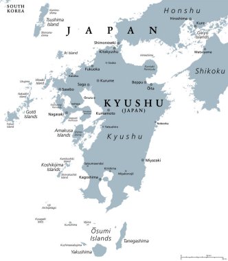 Kyushu, gri politik harita. Japonya 'nın beş ana adasından biri, Honshu ve Shikoku' nun güneybatısında, Seto İç Denizi ile ayrılmış. Tsushima Adası, Goto, Amakusa, Koshikijima ve Osumi Adaları ile.