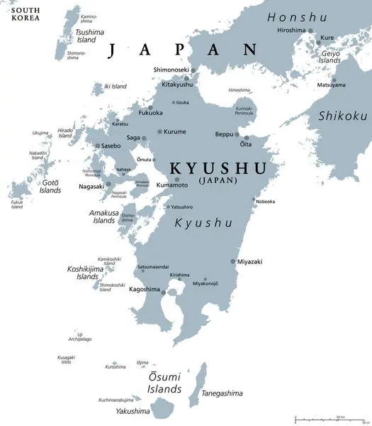stock vector Kyushu, gray political map. One of the five main islands of Japan, southwest of Honshu and Shikoku, separated by Seto Inland Sea. With Tsushima Island, Goto, Amakusa, Koshikijima and Osumi Islands.