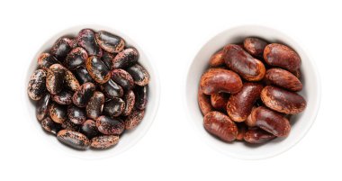 Kırmızı fasulye, kuru ve kaynamış, beyaz kaselerde. Çiğ ve pişmiş fasulye, Phaseolus coccineus tohumu, multiflora veya tereyağlı fasulye olarak da bilinir. Avusturya 'da onlara böcek fasulyesi denir..