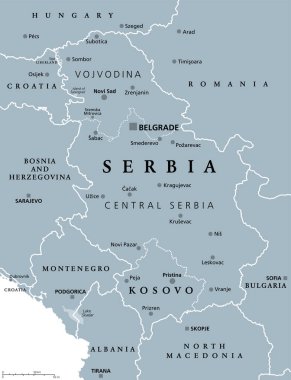 Sırbistan ve Kosova, Güneydoğu Avrupa 'da denize kıyısı olmayan ülkeler, gri siyasi harita. Sırbistan Cumhuriyeti, başkenti Belgrad ve Kosova Cumhuriyeti, başkenti Priştine ile kısmen tanınmış bir ülke.
