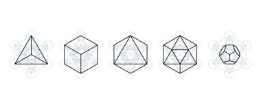 Metatron küpünden çıkarılan platonik katı maddeler. Hayat Çiçeği 'nden türetilmiş mistik bir sembolde bulunan düzenli çokyüzlüler. Tetrahedron, küp, sekizgen, ikosahedron ve on iki yüzlü.