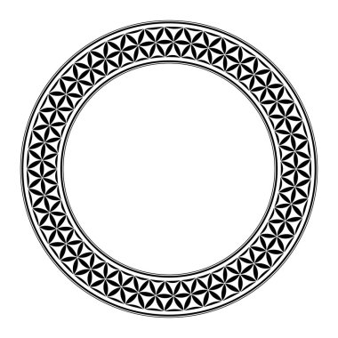 Yaşam Çiçeği şekli, daire şeklinde. Yaşam Çiçeği deseninde, antik bir sembol ve Kutsal Geometri 'de bulunan altıgen düzenlenmiş lens şekilleriyle oluşturulmuş dekoratif sınır. Vektör.