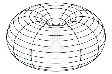 Halka Torus 'un kablo çerçevesi, donut ya da donut. Devrimin geometrik yüzeyi üç boyutlu uzayda bir çember oluşturarak oluşturuldu. Çemberle eş düzlemli bir eksen hakkında tam bir devrim..