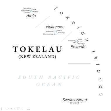 Tokelau, dependant territory of New Zealand, gray political map. South Pacific archipelago consisting of the tropical coral atolls Atafu, Nukunonu and Fakaofo. Swains Island is territorial disputed. clipart