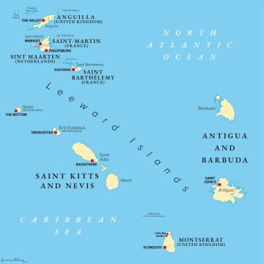 Anguilla 'dan Montserrat' a, politik harita. Karayipler 'deki adalar, Leeward Adaları ve Küçük Antiller' in bir kısmı. Anguilla, Saint Martin, Saint Kitts ve Nevis, Antigua ve Barbuda, ve Montserrat.