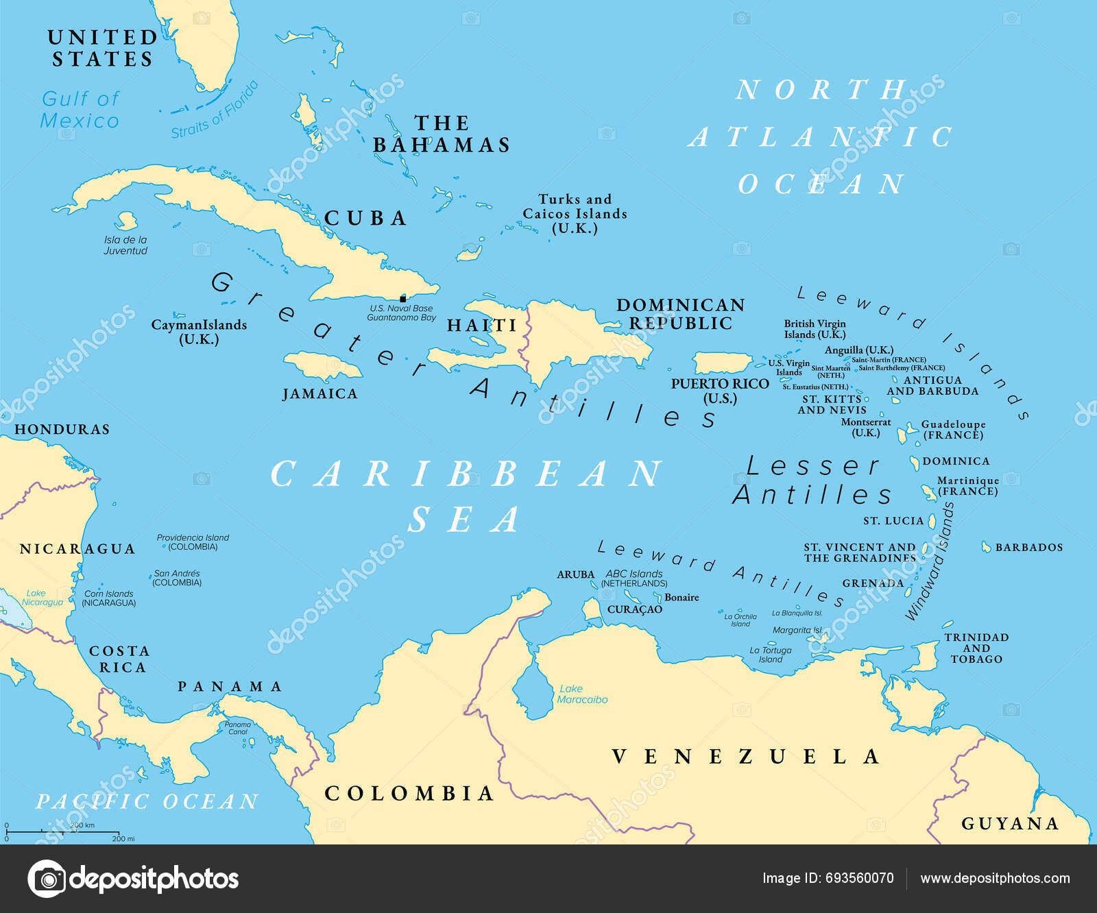 加勒比海及其岛屿政治地图与西印度群岛一起成为美洲次区域的加勒比损害了三个群岛的独立岛国和附属国图库矢量图©Furian 693560070