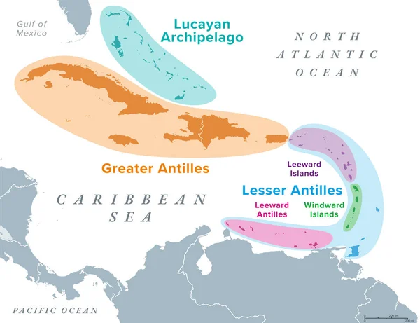 stock vector Island groups of the West Indies, political map. Subregion of the Americas, surrounded by North Atlantic Ocean and Caribbean Sea. Greater Antilles, Lesser Antilles, and Lucayan Archipelago.