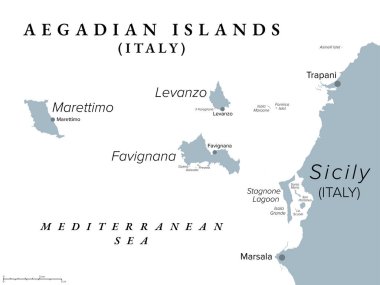 Aegadian Adaları, Favignana, Levanzo, Marettimo, gri politik harita. İtalya, Sicilya açıklarında, Trapani ve Marsala şehirleri yakınlarında Akdeniz 'de küçük dağlık bir ada grubu..