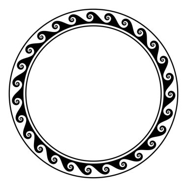 Deniz dalgası deseni, dairesel çerçeve, daha düzgün tasarlanmış. Koşan köpek, parşömen ya da Vitruvian dalga deseni olarak da bilinir. Birbirine bağlı spirallerle tekrar eden motif, bir dairenin etrafında hareket ediyor. Görüntü.