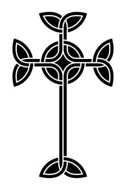 Birleştirilmiş Kelt haçı. Ucunda üçgen düğümler olan bir Latin haçı şekli. Ortasında bir çemberle iç içe geçmiş. Ortaçağ Hıristiyan süslemelerinde kullanılan sembol ve işaret. Siyah ve beyaz.