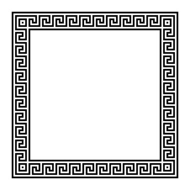 Dikensiz Yunan anahtar desenli, kare şeklinde bir çerçeve. Yunan fret motifli sınır, sürekli çizgilerden inşa edilmiş, tekrarlanan motif şeklinde. Beyazın üstünde izole bir illüstrasyon. Vektör.